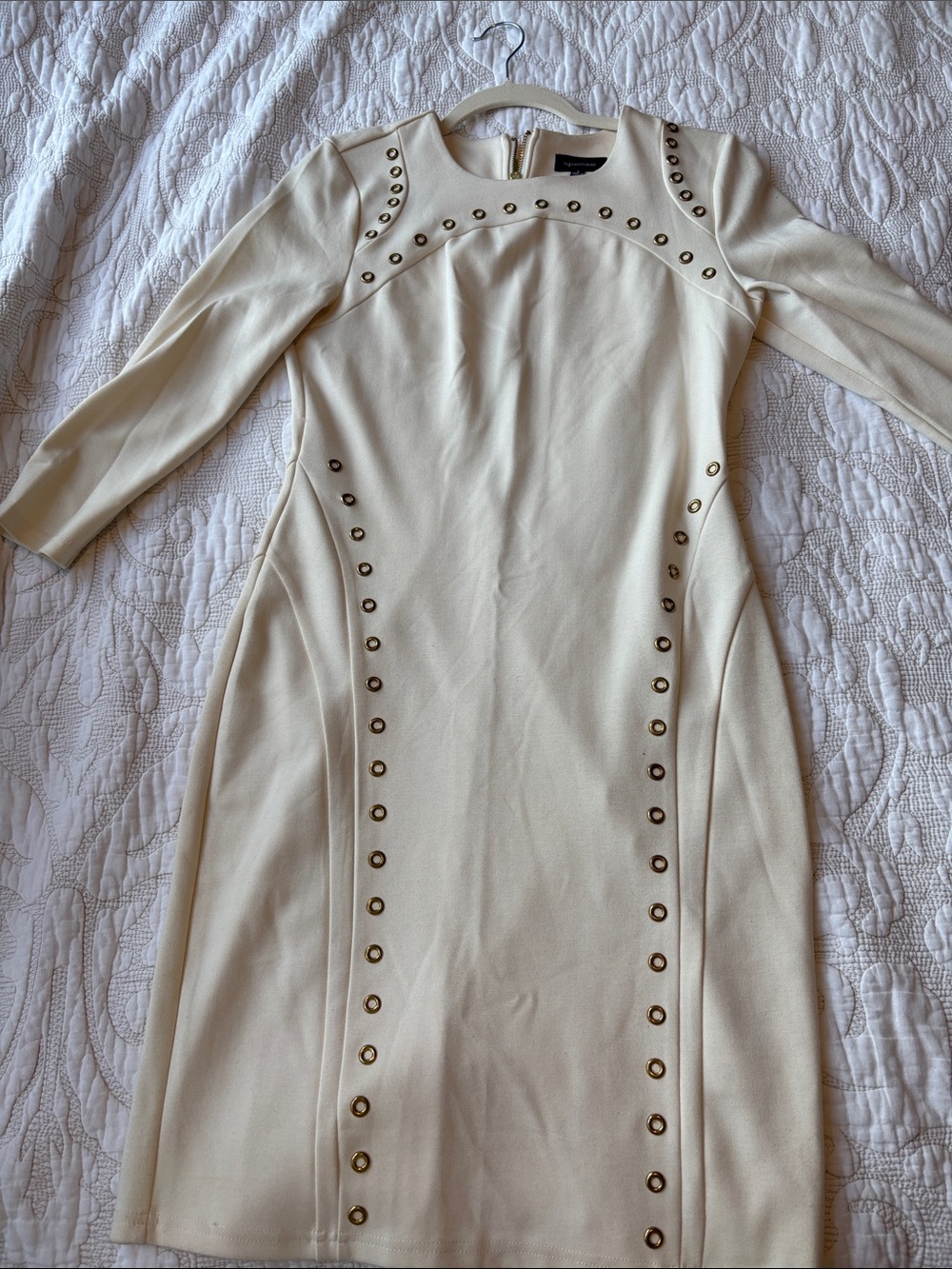 Spense Cream Long-Sleeve Sheath Dress with Gold Studs